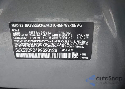 2023 BMW X3 xDrive30I из США, поврежденный, VIN 5UX53DP04P9S20126